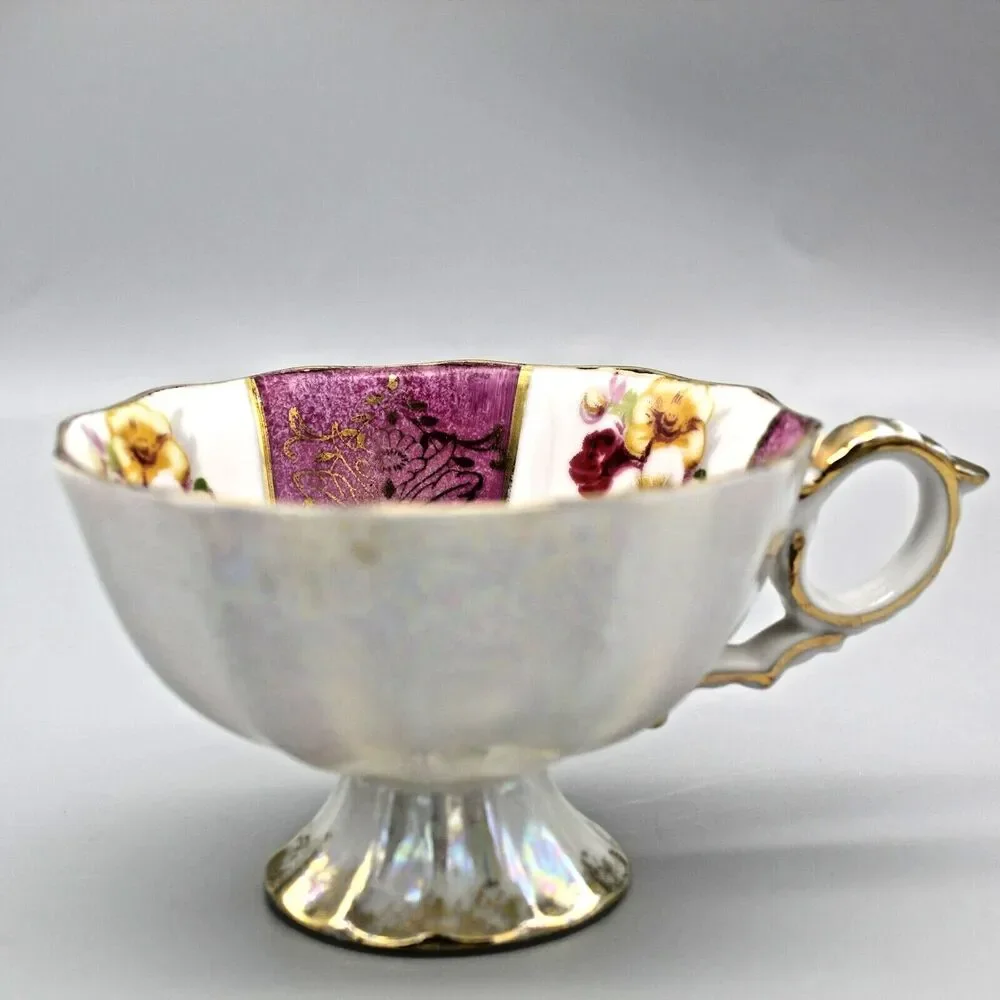 Lusterware Floral Cup & Saucer Set Pink Stripes Reticulated Saucer Vintage